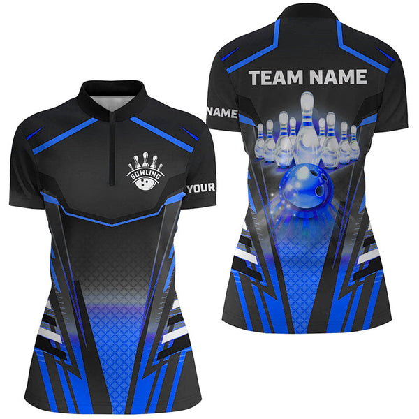 Women bowling Polo, Quarter Zip shirt Custom black & blue Bowling ball pin Team Jersey bowling apparel NQS8522