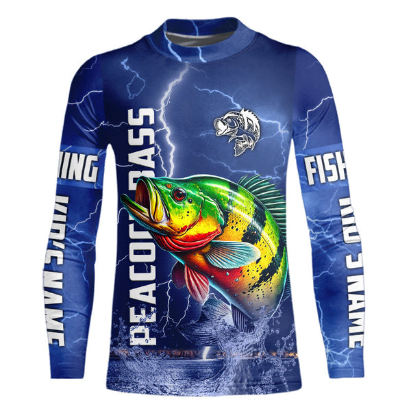 Peacock Bass Fishing blue lightning jerseys custom performance Long Sleeve tournament fishing shirts NQS9237