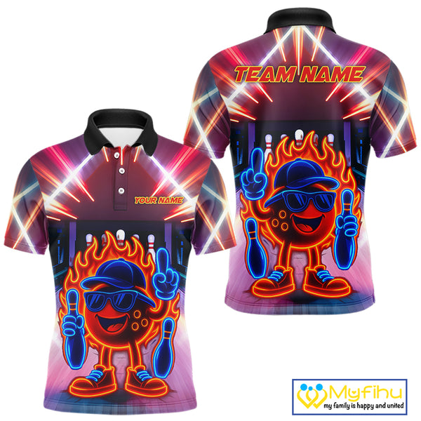 Funny Flame Neon Bowling Ball Mens Bowling Polo, Quarter Zip Shirts Custom Bowling Team jersey NQS10306