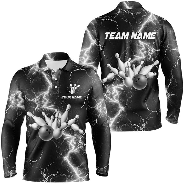 Mens bowling shirts Custom black and white lightning thunder Bowling Team Jersey, gift for team Bowler NQS8534