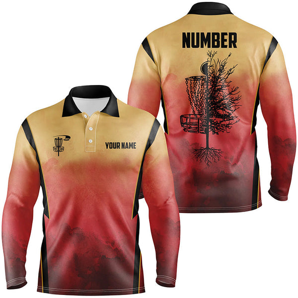 Mens Disc golf polo shirts custom Disc Golf Basket Tree Sunset disc golf jerseys, disc golf shirt NQS6683
