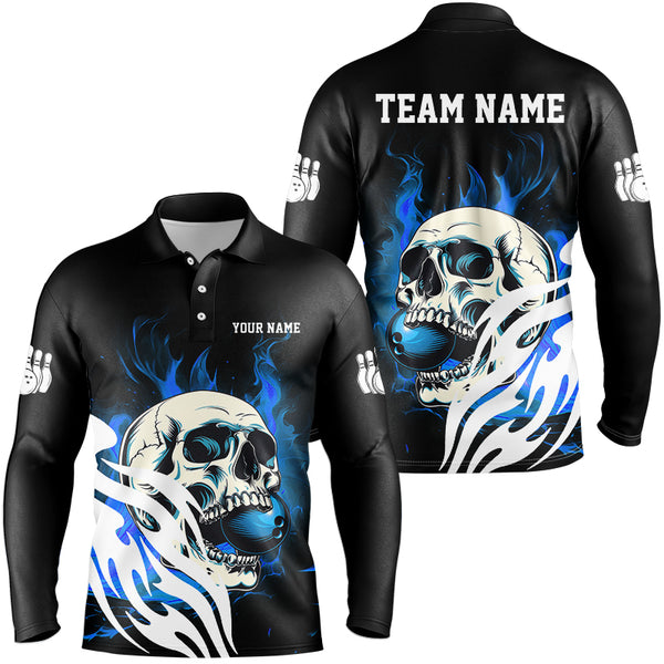 Black and Blue Skull Bowling Polo, Quarter Zip Shirts For Men Custom Bowling Team League Jersey NQS8781