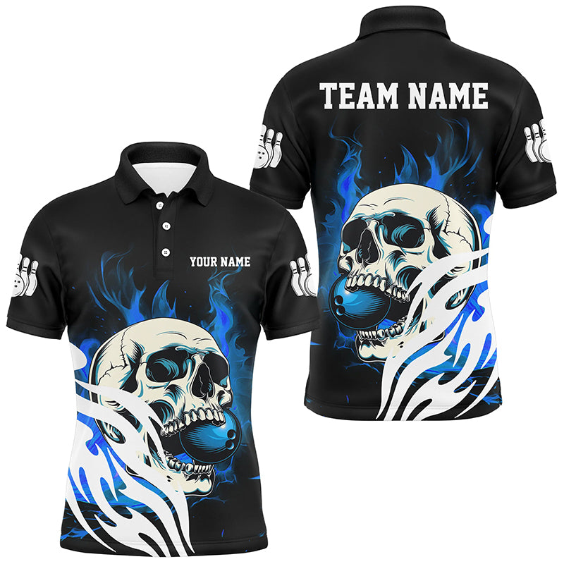 Black and Blue Skull Bowling Polo, Quarter Zip Shirts For Men Custom Bowling Team League Jersey NQS8781