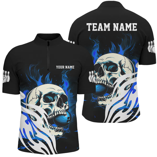 Black and Blue Skull Bowling Polo, Quarter Zip Shirts For Men Custom Bowling Team League Jersey NQS8781