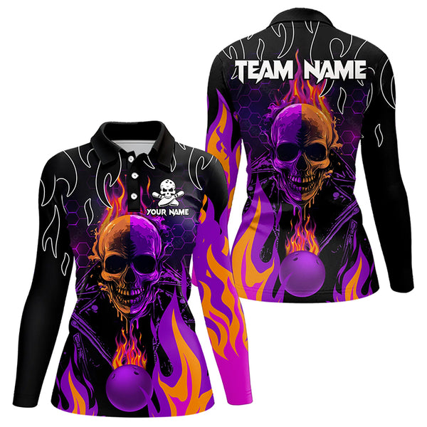 Personalized Purple Flame Skull Bowling Polo, Quarter Zip Shirts For Women Custom Team Bowling Jerseys NQS9252