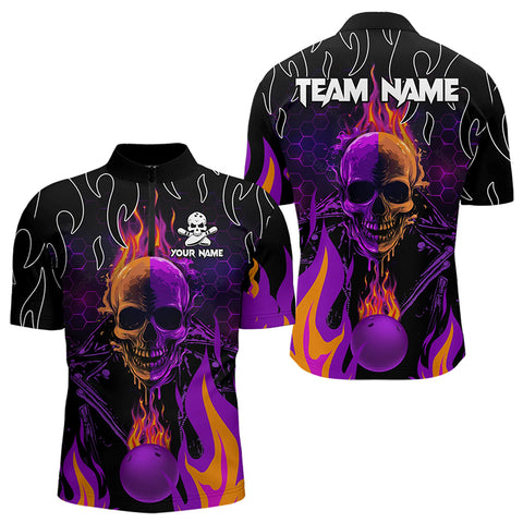 Personalized Purple Flame Skull Bowling Polo, Quarter Zip Shirts For Men Custom Team Bowling Jerseys NQS9252