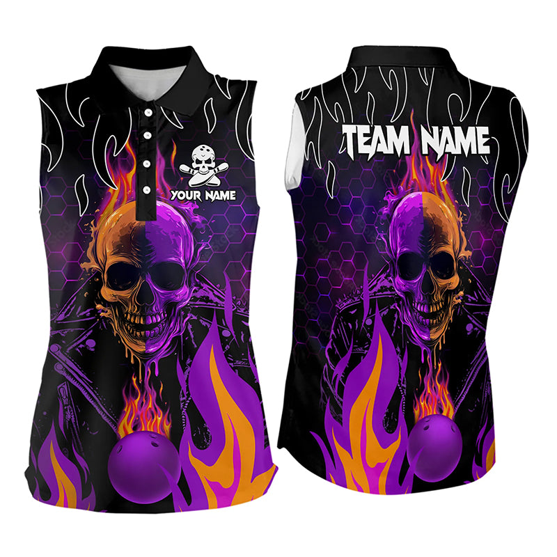 Personalized Purple Flame Skull Bowling Sleeveless Polo Shirt For Women Custom Team Bowling Jerseys NQS9252