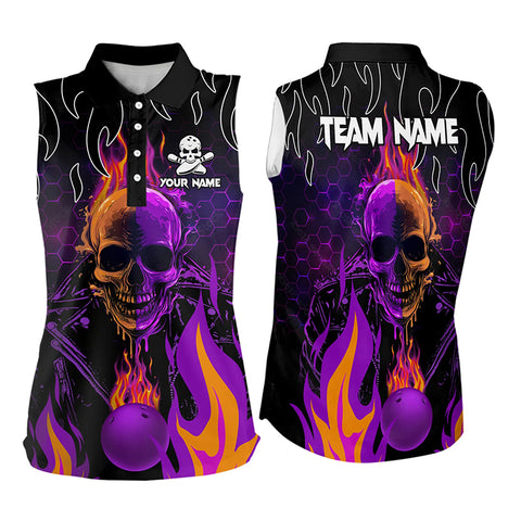 Personalized Purple Flame Skull Bowling Sleeveless Polo Shirt For Women Custom Team Bowling Jerseys NQS9252