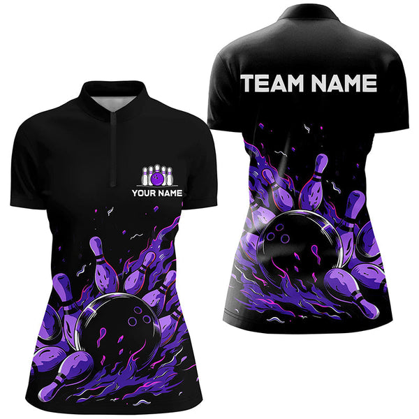 Purple Flame Fire Women bowling Polo, Quarter Zip shirts custom bowling team shirts, bowling gifts NQS7902