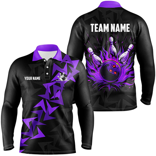 Black and Purple Flame Camo bowling Polo, Quarter Zip shirts for men custom bowling team jerseys NQS7903