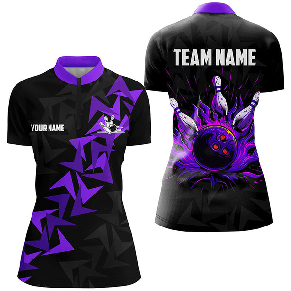 Black and Purple Flame Camo bowling Polo, Quarter Zip shirts for Women custom bowling team jerseys NQS7903