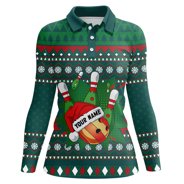 Green Christmas pattern Bowling Polo, Quarter Zip Shirt For Women Custom Christmas Bowling Team Jersey NQS8788