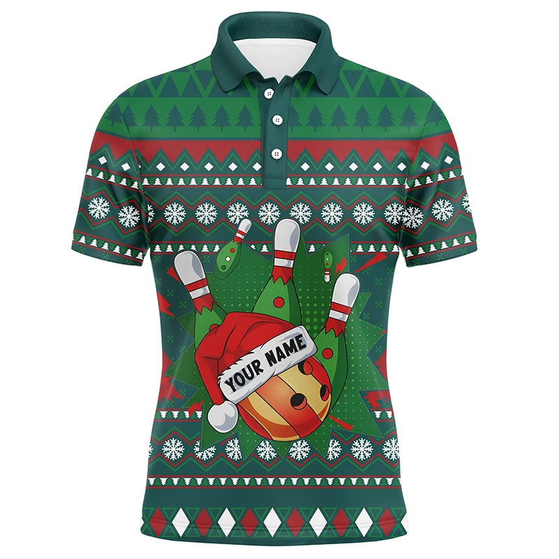 Green Christmas pattern Bowling Polo, Quarter Zip Shirts For Men Custom Christmas Bowling Team Jersey NQS8788