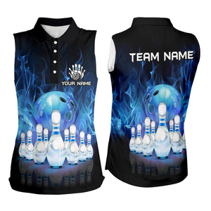 Blue Flame Bowling Sleeveless Polo Shirts Custom Bowling Team League Jerseys Bowling Uniform Outfits NQS8792