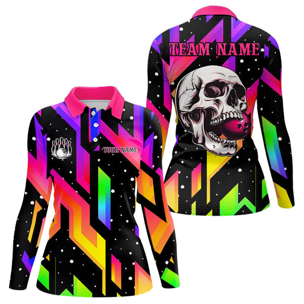 Colorful Black Skull Bowling Polo, 1/4 zip shirt for women Custom Team Bowling Jersey, gift for bowler NQS9021