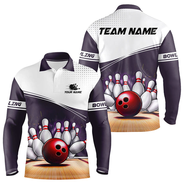 White and Purple Mens Bowling Polo, Quarter Zip shirt Custom cool bowling jerseys for team NQS9260