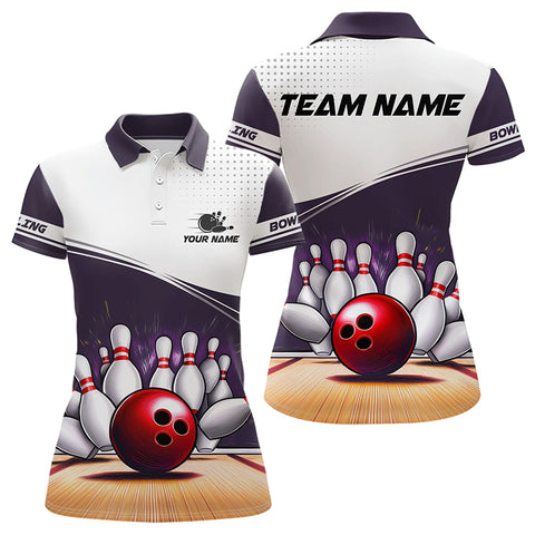 White and Purple Women Bowling Polo, Quarter Zip shirt Custom cool bowling jerseys for team NQS9260