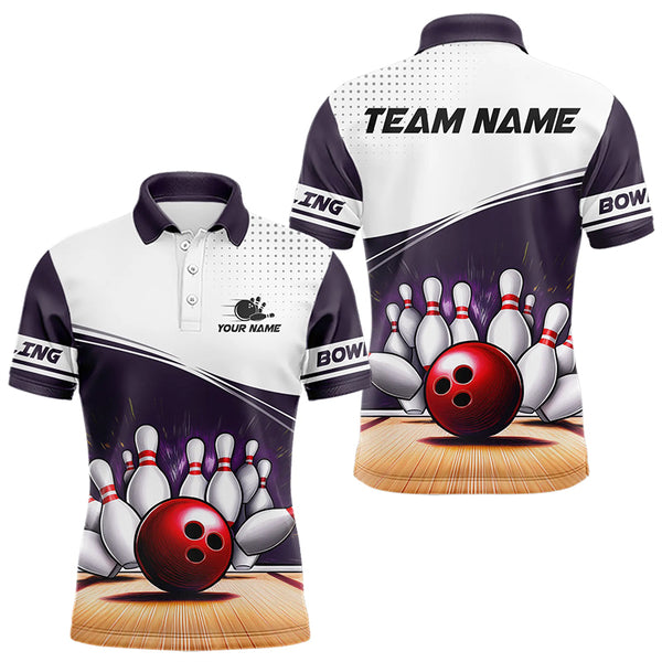 White and Purple Mens Bowling Polo, Quarter Zip shirt Custom cool bowling jerseys for team NQS9260