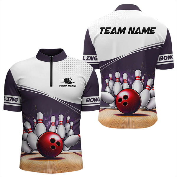 White and Purple Mens Bowling Polo, Quarter Zip shirt Custom cool bowling jerseys for team NQS9260