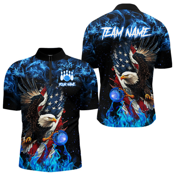 Blue Flame American Flag Eagle bowling shirts for Men Custom Bowling Team Jersey, gift for Bowler NQS9606