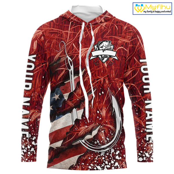 American flag fish hook red camo fishing custom sun protection performance long sleeve fishing shirt NQS10012