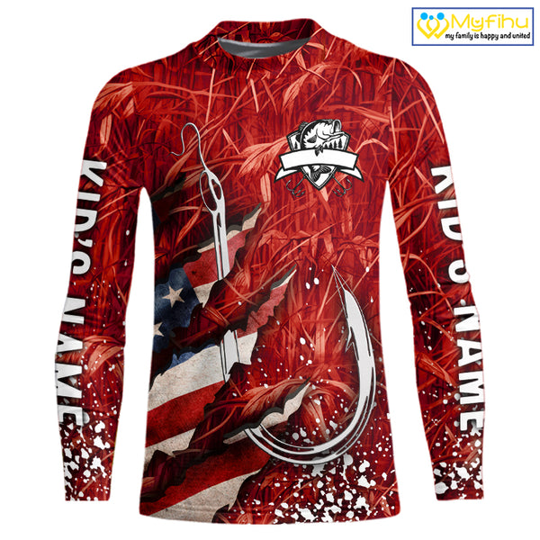 American flag fish hook red camo fishing custom sun protection performance long sleeve fishing shirt NQS10012