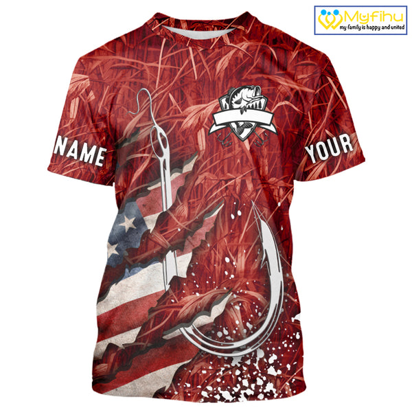 American flag fish hook red camo fishing custom sun protection performance long sleeve fishing shirt NQS10012