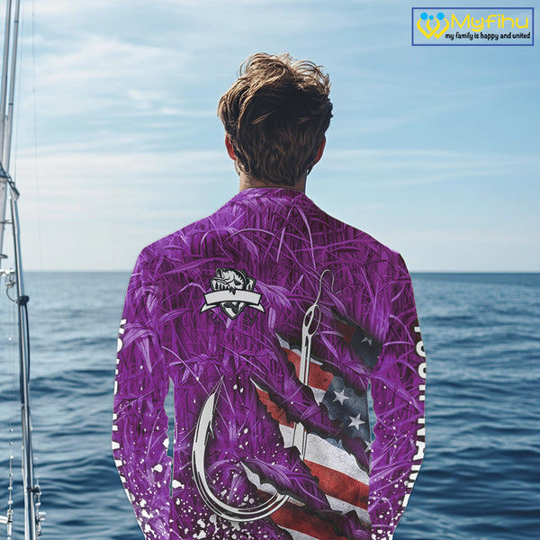 American flag fish hook purple camo custom sun protection performance long sleeve fishing shirt NQS10013