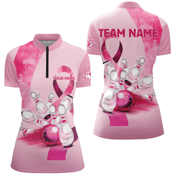 Pink ribbons pattern Custom Bowing Shirts For Ladies, Breast Cancer Awareness team bowling jerseys NQS8124