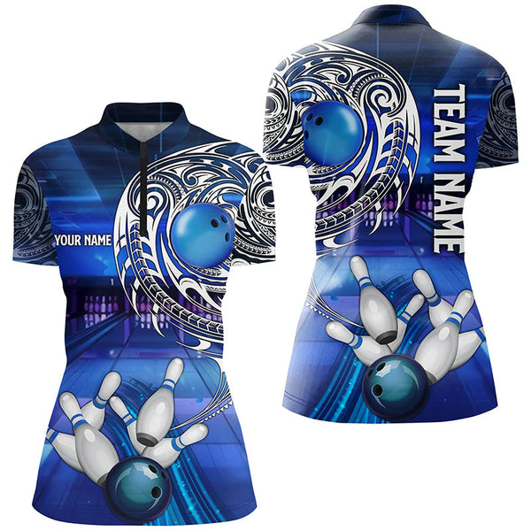 Personalized Blue tribal pattern custom bowling Polo, 1/4 zip shirts for Women, cool bowling jerseys NQS8339