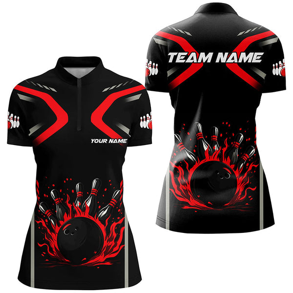 Personalized Red & Black Flame Bowling ball pins custom bowling shirts for Women, cool bowling jerseys NQS8341