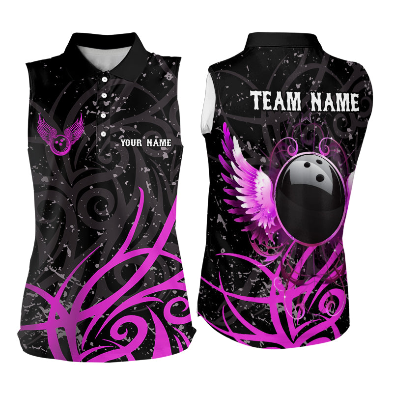 Black and Pink Camo Bowling Sleeveless Polo Shirts Custom Team Bowling Jerseys, gift for bowlers NQS9035