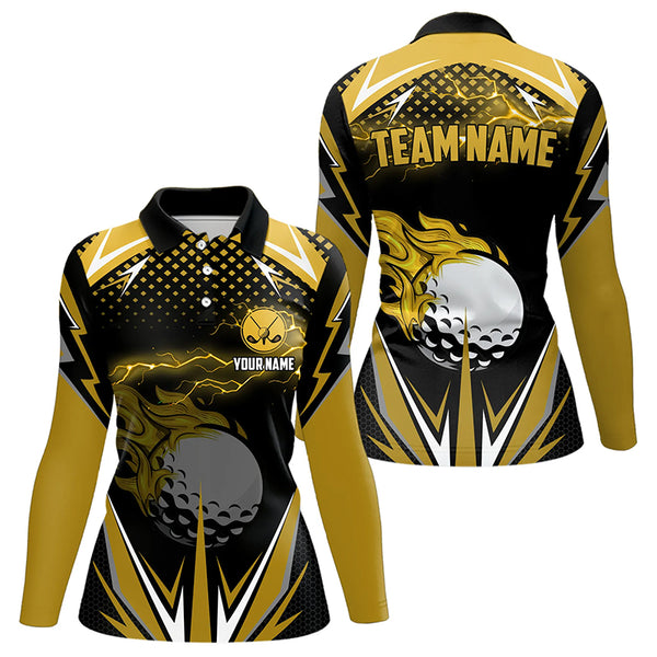 Womens golf polo shirt custom Yellow Lightning Golf ball fire team golf jersey, ladies golf attire NQS9266