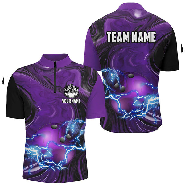 Purple Camo lightning thunder ball bowling Polo, Quarter Zip shirts for men custom bowling team jersey NQS7930