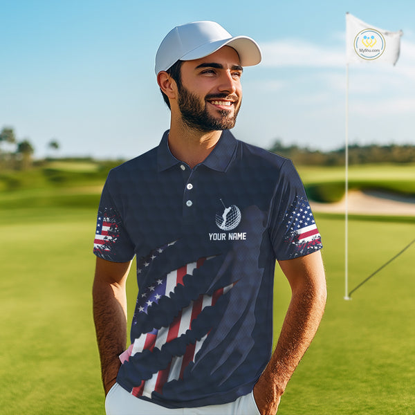 Personalized American Flag Men golf polo shirt, Custom Patriotic Golf Team Shirts For men | Navy Blue NQS10179