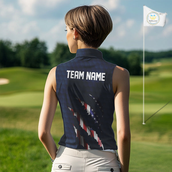 Personalized American Flag Women sleeveless polo shirt Patriotic Ladies Golf Team Shirt | Navy Blue NQS10179