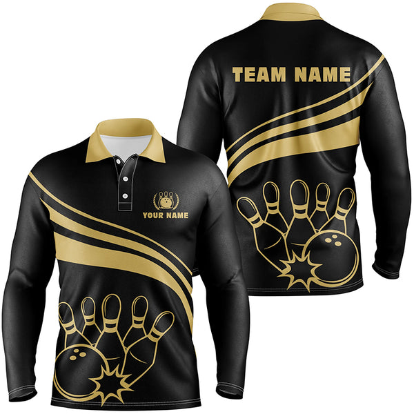 Personalized gold bowling polo shirts for men, custom men's bowling shirt team bowl jersey | Black NQS6708