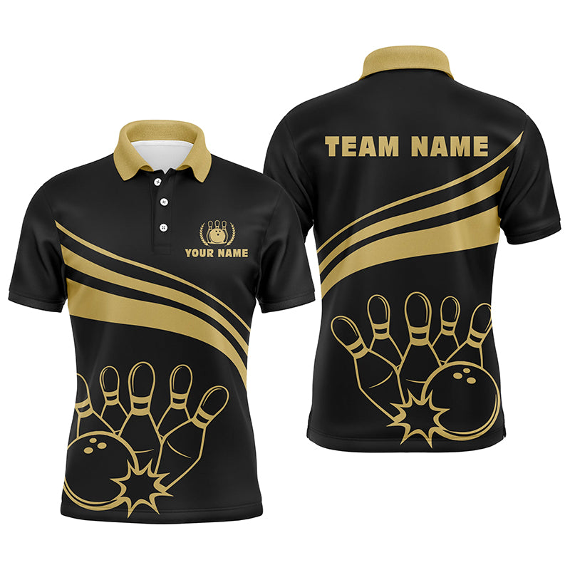 Personalized gold bowling polo shirts for men, custom men's bowling shirt team bowl jersey | Black NQS6708