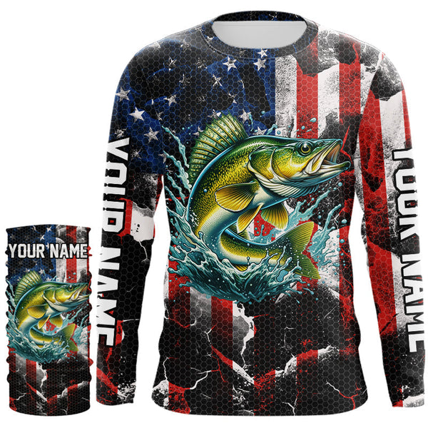 Walleye fishing black American flag Custom UV protection performance long sleeve fishing jerseys NQS9277