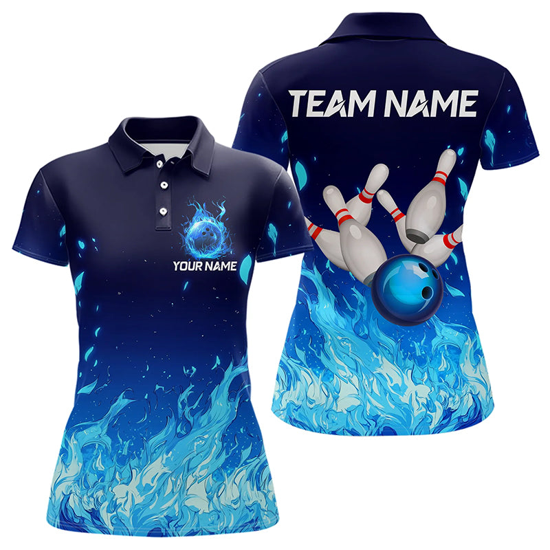 Blue Flame Fire Bowling Polo, Quarter Zip Shirts for Women Custom Bowling Team jerseys, Bowling Outfit NQS9285