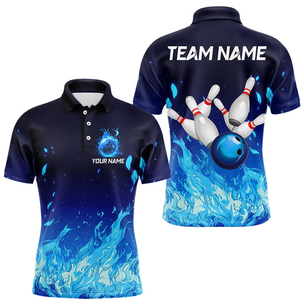 Blue Flame Fire Bowling Polo, Quarter Zip Shirts for Men Custom Bowling Team jerseys, Bowling Outfits NQS9285