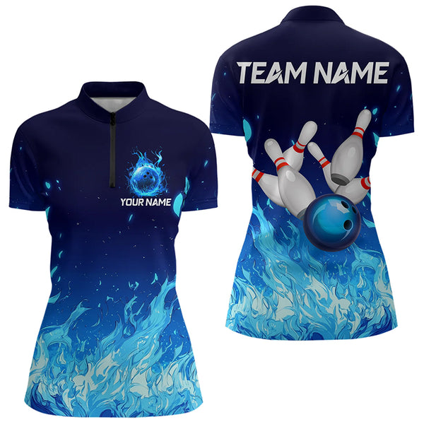 Blue Flame Fire Bowling Polo, Quarter Zip Shirts for Women Custom Bowling Team jerseys, Bowling Outfit NQS9285