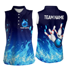 Blue Flame Fire Bowling Sleeveless Polo Shirts for Women Custom Bowling Team jerseys, Bowling Outfits NQS9285