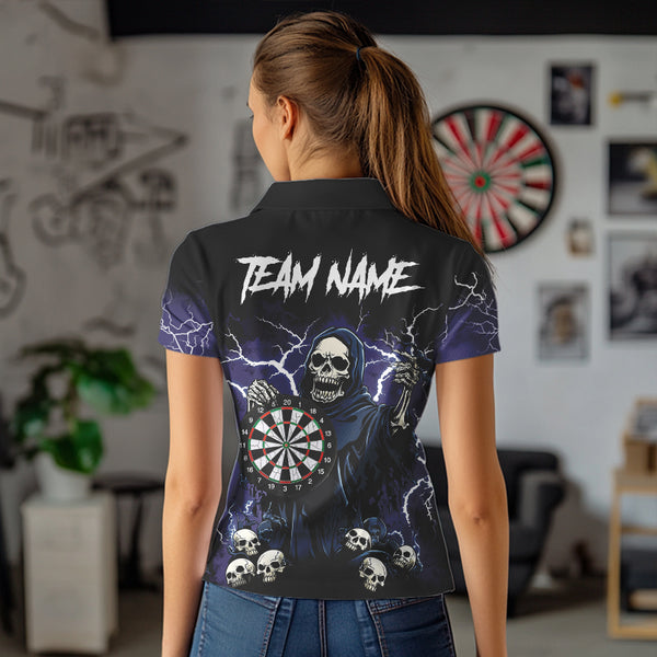 Purple Lightning Thunder Skull Darts Polo, Quarter zip Shirt For Women Custom Team Darts Jersey Outfit NQS9446