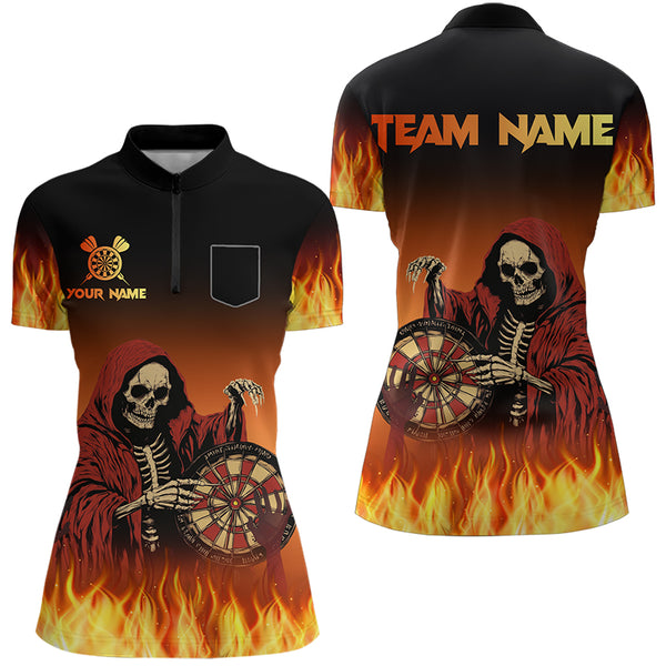 Flame Skull Reaper Darts Polo, Quarter zip Shirts For Women Custom Team Darts Jersey Outfit NQS9447