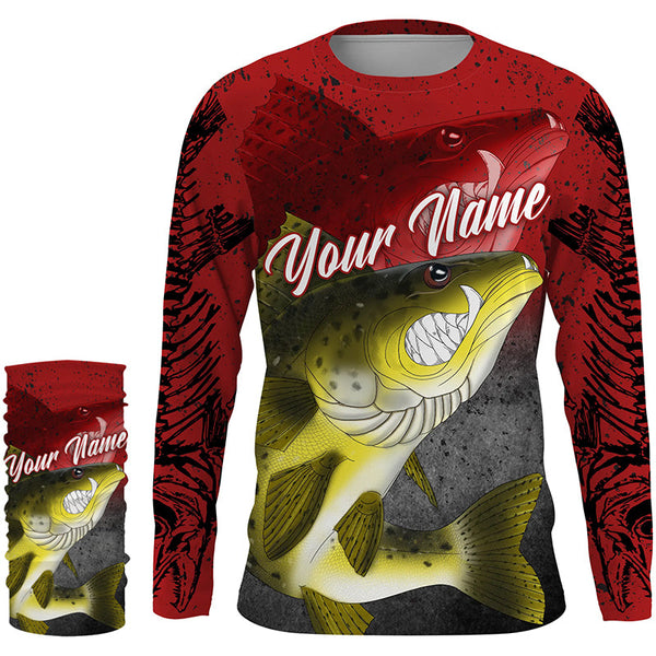 Angry Walleye Fish Skeleton fish reaper fishing Custom name walleye long sleeves fishing shirts | Red NQS4214
