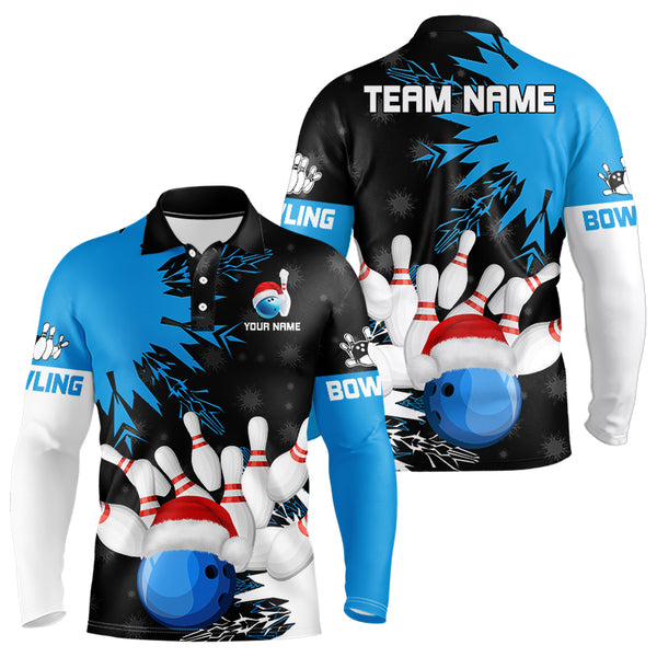 Christmas Bowling Polo, Quarter Zip Shirts For Men Custom Christmas Bowling Team Jerseys | Blue NQS9056