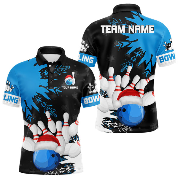 Christmas Bowling Polo, Quarter Zip Shirts For Men Custom Christmas Bowling Team Jerseys | Blue NQS9056