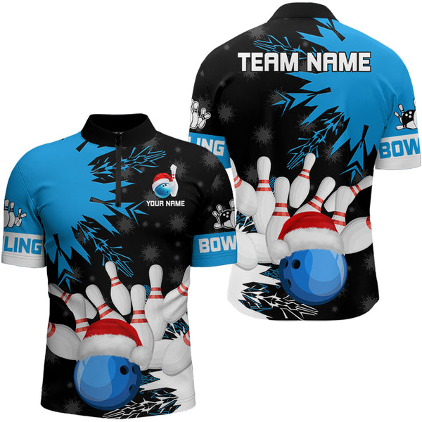 Christmas Bowling Polo, Quarter Zip Shirts For Men Custom Christmas Bowling Team Jerseys | Blue NQS9056