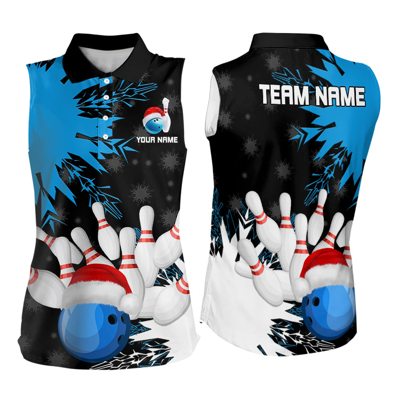 Christmas Bowling Sleeveless Polo Shirts For Women Custom Christmas Bowling Team Jerseys | Blue NQS9056